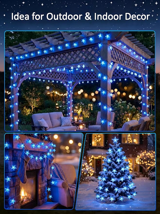 Solar Twinkle Star String Lights Outdoor Indoor Waterproof 39FT 100 LED Solar Powered Fairy Lights with 8 Lighting Modes Christmas Decor for Camping Tree Party Yard Wedding Garden (Blue)