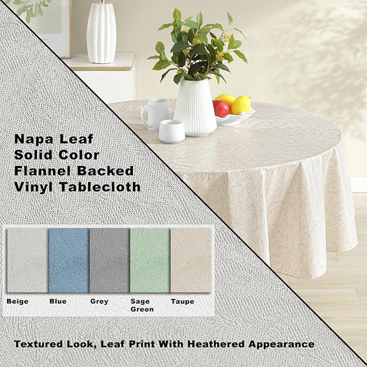 Newbridge Napa Leaf Taupe Vinyl Flannel Backed Tablecloth, 70 Inch Round, Hotel Quality Waterproof Indoor Outdoor Table Cover for Kitchen, Patio, Dining, BBQ