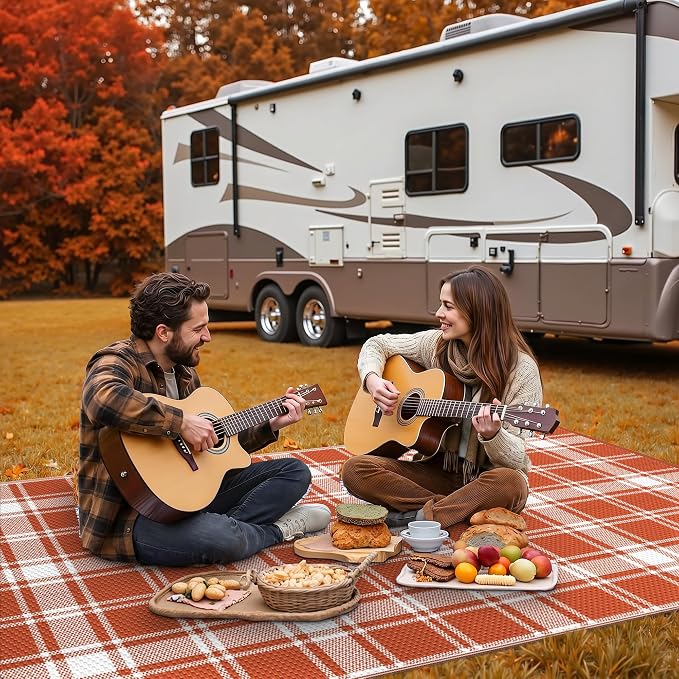 GENIMO Outdoor Rug, Waterproof Plastic Rugs for Patio, 6'x9' Orange Plaid | Outside Larger Modern Carpet Mat for Porch Decor, Deck, Balcony, Camping, RV, Backyard, Picnic, Beach, Reversible, Foldable