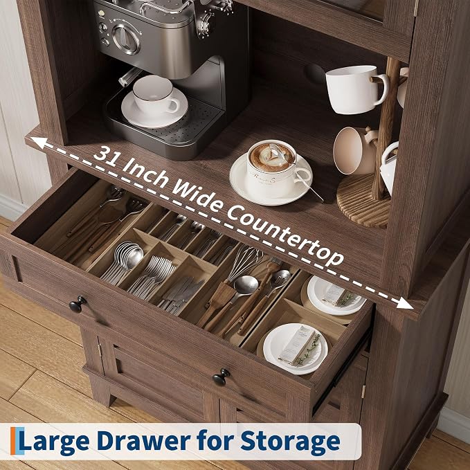 Garvee 72" Tall Kitchen Pantry Cabinet with Hutch and Microwave Stand | Freestanding Food Pantry Hutch with Adjustable Shelves, Glass Doors And Drawers for Dining Room, Living Room, Brown