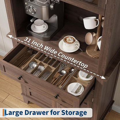 Garvee 72" Tall Kitchen Pantry Cabinet with Hutch and Microwave Stand | Freestanding Food Pantry Hutch with Adjustable Shelves, Glass Doors And Drawers for Dining Room, Living Room, Brown