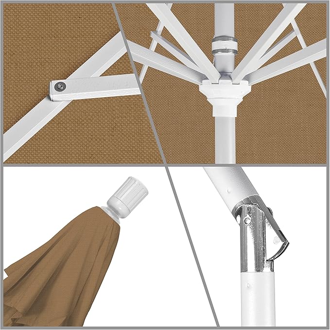 California Umbrella 9' Round Aluminum Market Umbrella, Crank Lift, Collar Tilt, White Pole, Straw Olefin