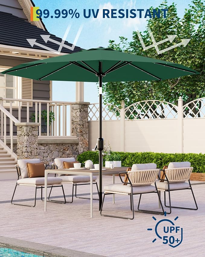 GarveeLife 10 ft Patio Umbrella with Solar Lights, 8 Ribs Outdoor Market Table Umbrella with 40 LED Lights & Tilt Crank for Pool, Deck, Backyard (Dark Green)