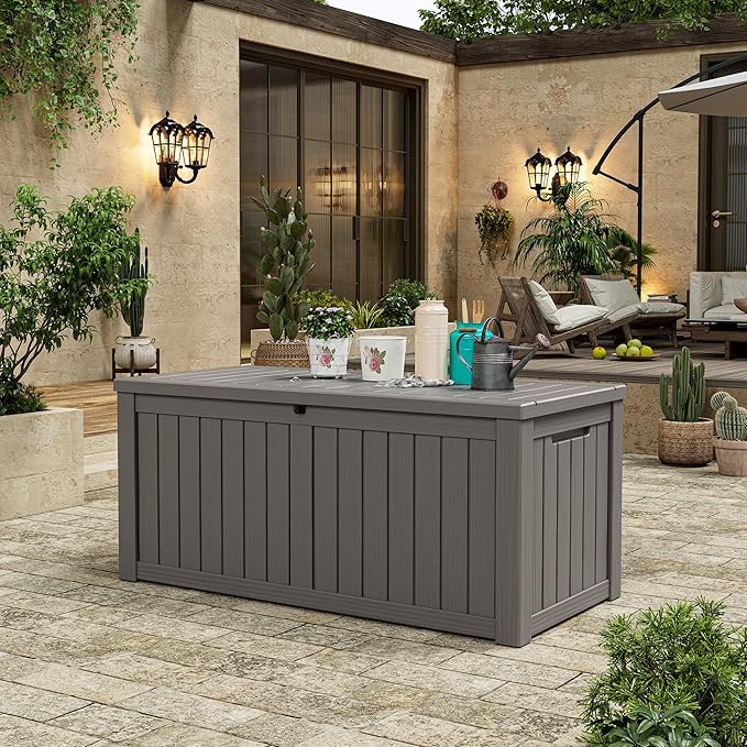 150 Gallon Outdoor Storage Box, Resin Deck Boxes Outdoor Waterproof For Patio Furniture, Garden Tools, Pool Supplies, Lockable And UV Resistant (Striped Gray)