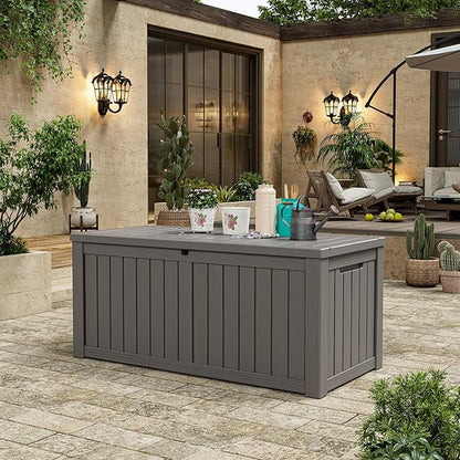 150 Gallon Outdoor Storage Box, Resin Deck Boxes Outdoor Waterproof For Patio Furniture, Garden Tools, Pool Supplies, Lockable And UV Resistant (Striped Gray)