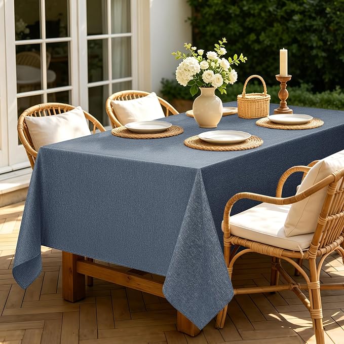 Decorelia Faux Linen Tablecloth for Dining Room, 60 x 120 Inch (10-12 Seats), Denim Blue