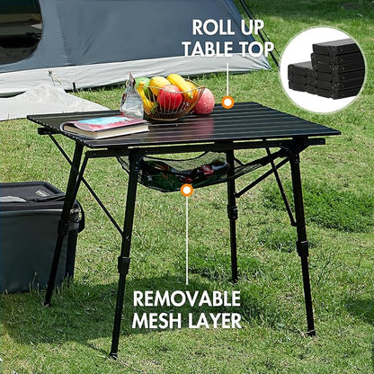 Portal Camping Table Foldable Portable with Adjustable Legs, Aluminum Folding Table Roll Up Table with Carrying Bag for Outdoor, Beach, Picnic, Backyards, BBQ and Party, Black