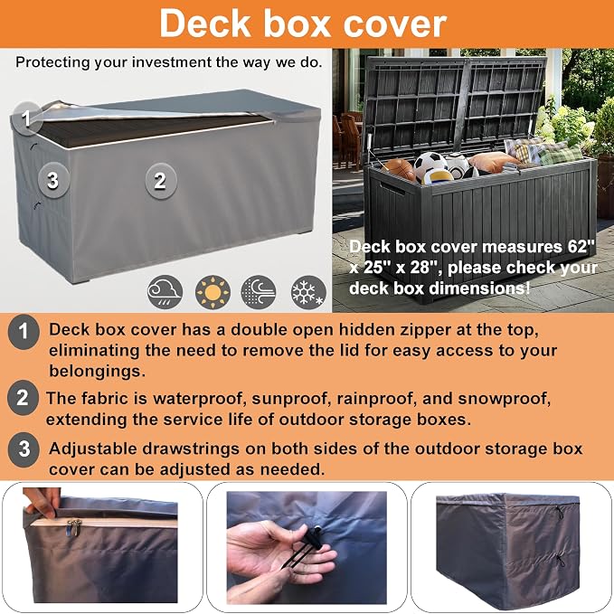 Deck Box Cover - Outdoor Storage Box Cover 150 Gallon, Heavy Duty 600D Oxford Cloth Water And Dust Resistant, Size 62x25x28 Inches Fits Most Patio Box.