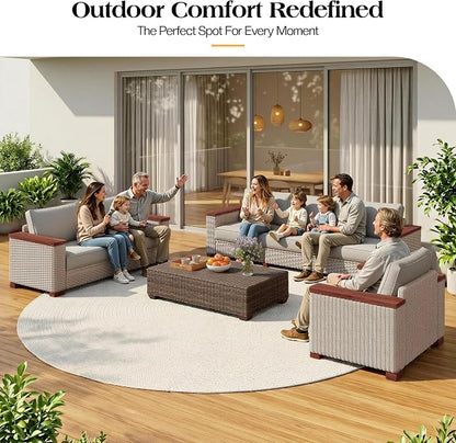 PaPaJet 6-Piece Wicker Patio Furniture Set with Solid Wood Armrest, Outdoor Patio Set with Thick Legs, UV-Resistant Modular Outdoor Sectional Sofa for Backyard, Porch, Garden