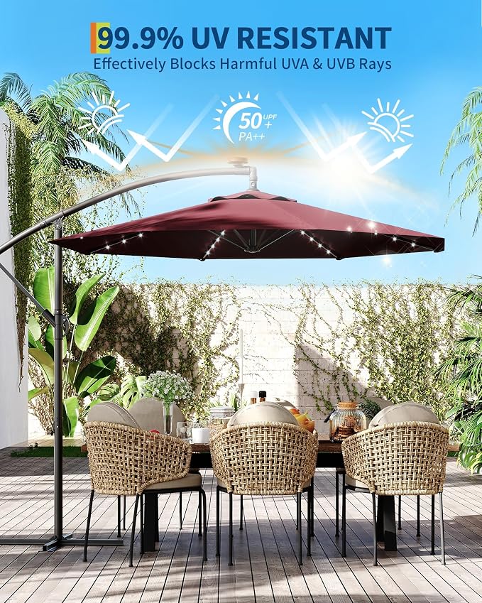 15FT Outdoor Patio Umbrella,Double-Sided Rectangle Market Umbrella with 36 LED Solar Lights & Base,UV50+ Weather-Resistant Oversized Outdoor Umbrella,Crank Lift,3-Way Shade for Pool,Garden,Backyard