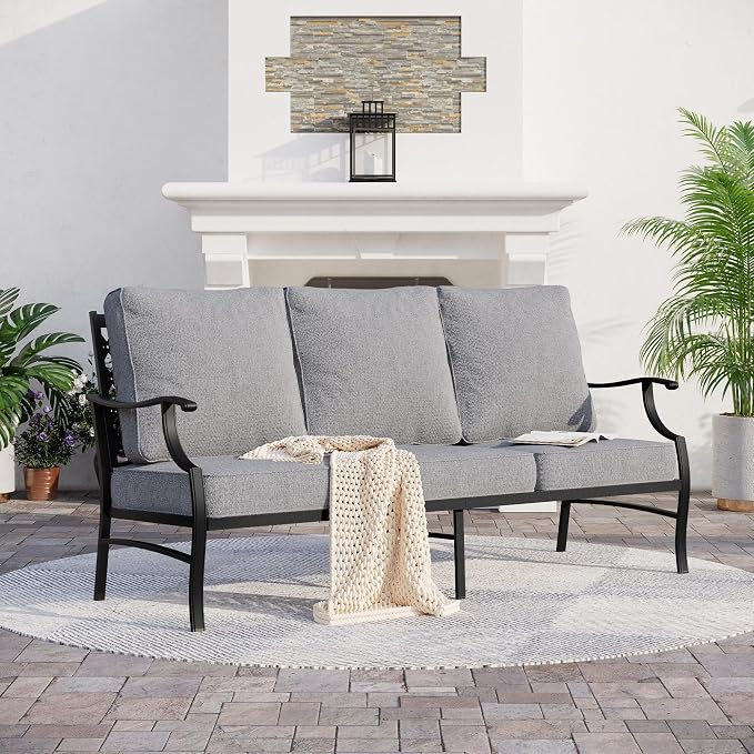 SUNSHINE VALLEY Metal Patio Sofa with 5.75" Extra Thick Waterproof Cushion, 3-Seater High-Back Outdoor Couch All Weather Outdoor Seating for Backyard Deck Front Porch, Gray