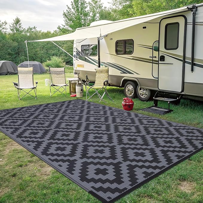 Smiry Outdoor Rug 8x10 ft Waterproof Reversible Boho Mat, Black & Grey | Polypropylene Plastic Straw, Quick Drying, Lightweight Foldable, for Patio, Deck, RV Camping, Backyard and Indoor Outdoor Use