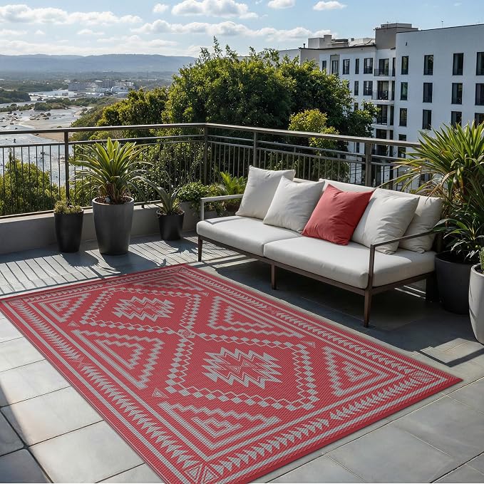 GENIMO Outdoor Rug, Waterproof Plastic Rugs for Patio, 6'x9' Mist Red | Outside Larger Modern Carpet Mat for Porch Decor, Deck, Balcony, Camping, RV, Backyard, Picnic, Beach, Reversible, Foldable