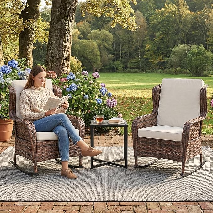 GarveeLife Single Wicker Rocking Chair, Classic Rattan Rocker with Brown Gradient and White Cushion, for Porch Relaxation