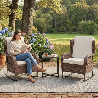 GarveeLife Single Wicker Rocking Chair, Classic Rattan Rocker with Brown Gradient and White Cushion, for Porch Relaxation