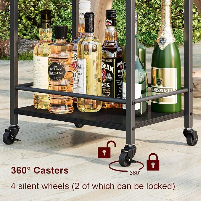 3-Tier Bar Cart with Removable Tray, Small Bar Carts with Wheels, Rolling Beverage Cart, Drink Cart, Black Wine Cart with Wine Rack for Kitchen, Living Room (Black) GBC513B
