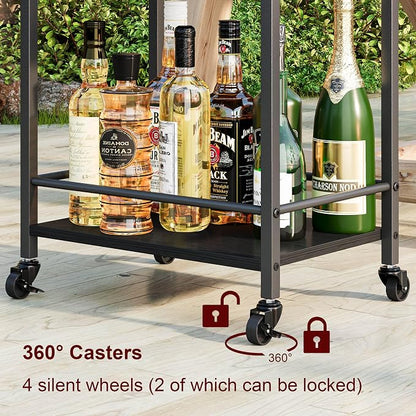 3-Tier Bar Cart with Removable Tray, Small Bar Carts with Wheels, Rolling Beverage Cart, Drink Cart, Black Wine Cart with Wine Rack for Kitchen, Living Room (Black) GBC513B