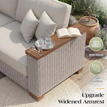 PaPaJet Outdoor Patio Sofa, 3 Seat Wicker Couch with Solid Armrests & Legs, 4.7" Thickened Removable Cushions, UV-Resistant Modular Sofa for Porch, Backyard, Garden