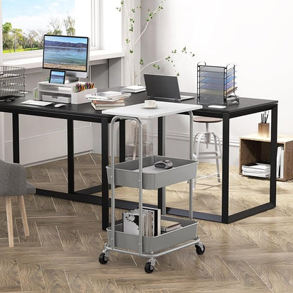 Simple Houseware 2-Tier Rolling Utility Cart Wood Top/Lockable Wheel, White | Metal Storage Organizer Trolley for Kitchen, Bathroom, Office, Craft Room