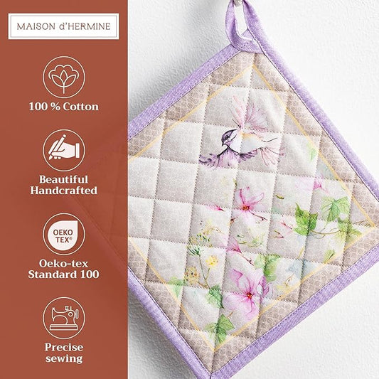 Maison d' Hermine Pot Holders 100% Cotton Heat Resistant Potholders 8" x 8" Hot Pads with Loop Cooking Baking Hotel Farmhouse Kitchen Handling Hot Pans Spring Summer (Pack of 2, Magnolia Mornings)