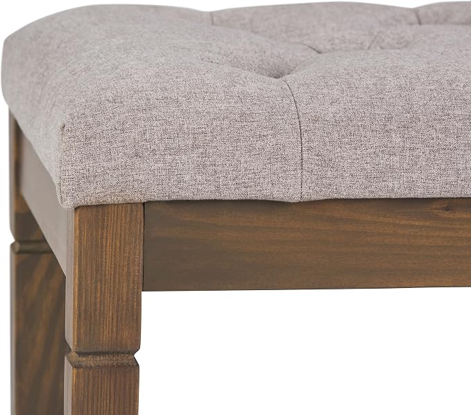 SIMPLIHOME Carmel 32" Wide Solid Acacia Wood Outdoor Chair in Sand Drift | Traditional tufted ottoman bench with carved legs; perfect footstool, footrest or bench for bedroom or entryway.