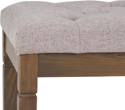 SIMPLIHOME Carmel 32" Wide Solid Acacia Wood Outdoor Chair in Sand Drift | Traditional tufted ottoman bench with carved legs; perfect footstool, footrest or bench for bedroom or entryway.
