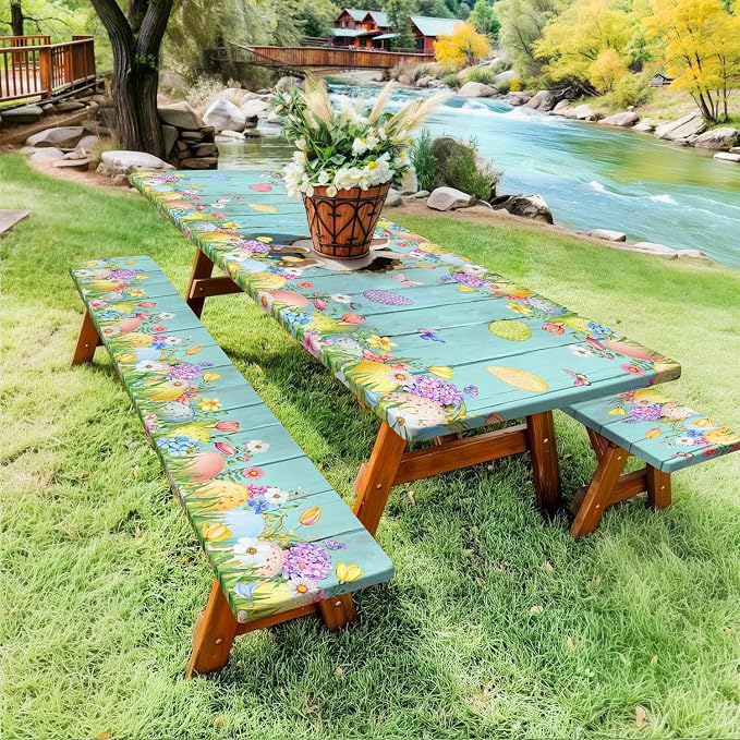 Easter Picnic Table Cover with Bench Covers, Cute Bunny Flower Blue Wooden Board Camping Tablecloth, Waterproof Windproof, Fitted Tablecloth Cover with Elastic Edge, for Outdoor, 3 PCS, 30x72 Inch