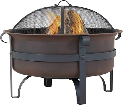 Sunnydaze Cauldron Wood-Burning Outdoor Fire Pit for Patio and Backyard - Round Steel Outside Firepit Bowl with Cover, Removable Ash Pan, Spark Screen, and Poker Tool - Dark Bronze - 29"