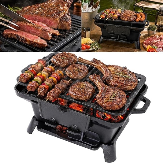 Cast Iron Hibachi Grill Outdoor, Japanese Yakitori Grill for Camping, Small Portable Charcoal Hibachi Grills, Cast Iron, with Double-Sided Grate, for Indoor Outdoor BBQ (1, No handle)