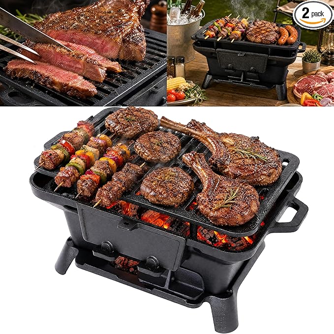 Cast Iron Hibachi Grill Outdoor, Japanese Yakitori Grill for Camping, Small Portable Charcoal Hibachi Grills, Cast Iron, with Double-Sided Grate, for Indoor Outdoor BBQ (2, No handle)