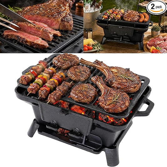 Cast Iron Hibachi Grill Outdoor, Japanese Yakitori Grill for Camping, Small Portable Charcoal Hibachi Grills, Cast Iron, with Double-Sided Grate, for Indoor Outdoor BBQ (2, No handle)