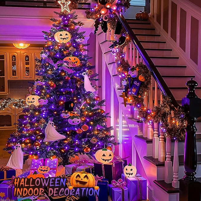 JMEXSUSS 168ft 600 LED Halloween Decor Lights Outdoor Clear Wire, Orange Purple String Lights Indoor Plug in,Halloween Lights for Tree Porch Yard Decorations
