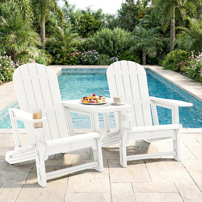 Shintenchi Adirondack Chairs Set of 2,HDPE Adirondack Chairs w/Removable Tablelop & Umbrella Hole,All-Weather Wooden Textured Plastic Outdoor Chairs w/Cup Holders for Garden Backyard Pool,White