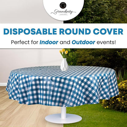 Grandipity 12 Pack Premium Disposable Plastic Picnic Tablecloth 84" Inch Decorative Round Table Cover - Blue Checkered Gingham