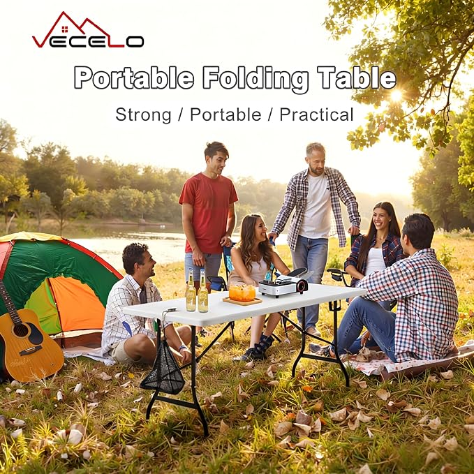 VECELO 6 ft Picini Table with Thickened Top | Removable Mesh Bag | Strong Side Support, 500lbs Weight Capacity Folding Table, Indoor & Outdoor, with Carrying Handle,White