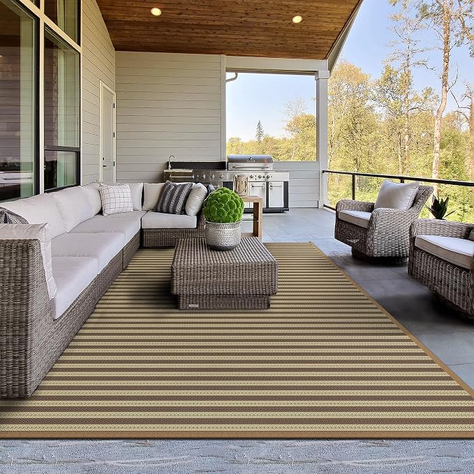 GENIMO Outdoor Rug, Waterproof Plastic Rugs for Patio, 6'x9' Brown Greige | Outside Larger Modern Carpet Mat for Porch Decor, Deck, Balcony, Camping, RV, Backyard, Picnic, Beach, Reversible, Foldable