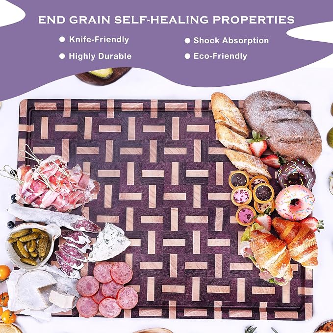 YOUSUNLONG Extra Large Cutting Board End Grain Purple Heart Wood - Thickened-Heavy Duty Butcher Block 24"L x 18"W x 1.5"Th w/Juice Groove and Handle - Serving Tray for Meat & Cheese,Brisket Board