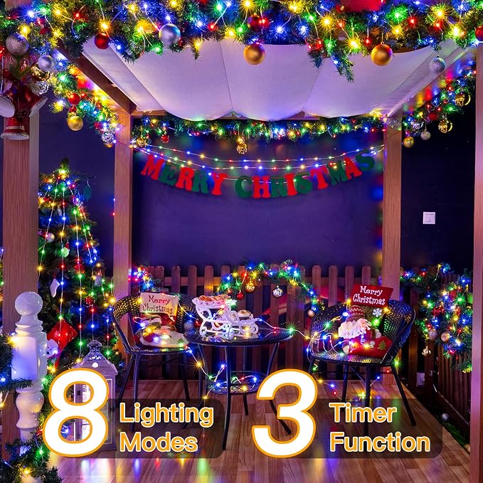 Ollny Christmas Lights Outdoor 600LED 197FT, Multicolor Christmas Tree Lights IP67 Waterproof, Plug in Fairy Lights with Remote 8 Modes Timer, Xmas Light for Indoor House Holiday Decor