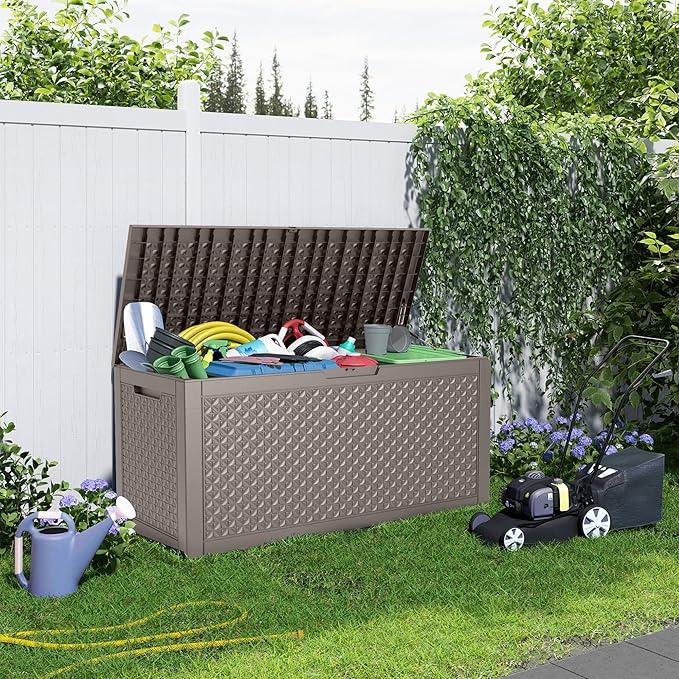 PatioZen 121 Gallon Resin Deck Box, Lockable Outdoor Storage Box for Patio Cushions Storage Furniture,Garden Tools, Pool Supplies, Weatherproof and UV Resistant (Grey)