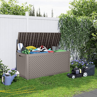 PatioZen 121 Gallon Resin Deck Box, Lockable Outdoor Storage Box for Patio Cushions Storage Furniture,Garden Tools, Pool Supplies, Weatherproof and UV Resistant (Grey)