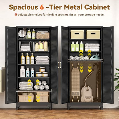 Polup 75" Metal Storage Cabinet with Doors and Shelves, Black Kitchen Pantry Cabinet, 6-Tier Freestanding Tall Storage Cabinet for Garage, Office, Bathroom, Laundry Room, Dining Room