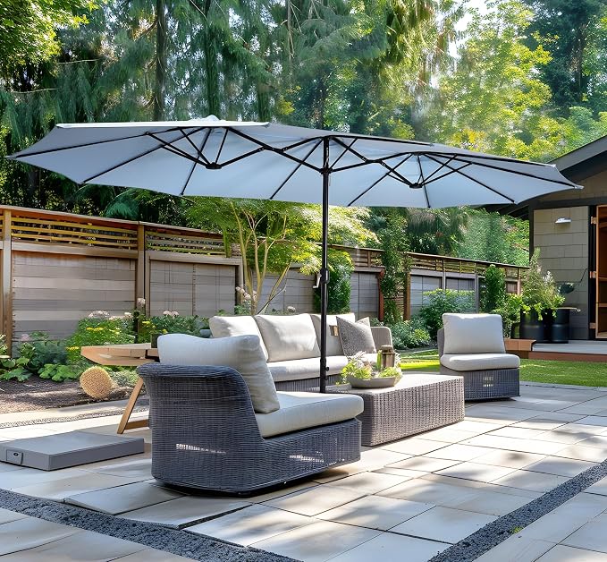 15ft Patio Umbrella with Base, 10-Year-No-Fade Large Outdoor Double-Sided Market Umbrella with UPF50+Terylene Polyester Fabric and Crank for Poolside Garden Deck Backyard Beach Pools
