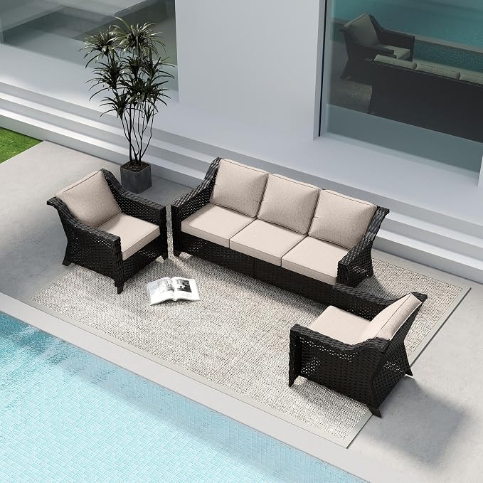 3 Piece Patio Furniture Set, Wicker Outdoor Conversation Set | Patio Chair Set with Olefin Removable Cushion, All-Weather Outdoor Couch with Deep Seat for Porch, Deck and Backyard, Beige
