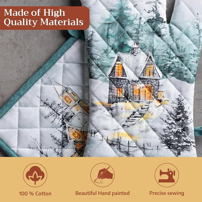Maison d' Hermine 100% Cotton Oven Mitt & Pot Holder Set (7.5"x13" & 8"x8") | Heat Resistant BBQ Cooking Gloves with Loop Baking Grilling Kitchen Home Farmhouse Thanksgiving Christmas - Neige de Noel