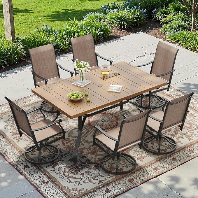 Outdoor Patio Table with 1.57" Umbrella Hole, 60"x35" Outdoor Dining Table Wood-Like Texture, All-Weather Metal Frame Patio Dining Tables for Poolside, Deck, Proch