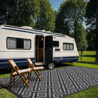 GENIMO Outdoor Rug, Waterproof Plastic Rugs 10'x14' for Camping Black Grey | Outside Larger Modern Carpet Mat for Patio Decor, RV, Porch, Camper, Deck, Picnic, Beach, Backyard, Reversible, Foldable