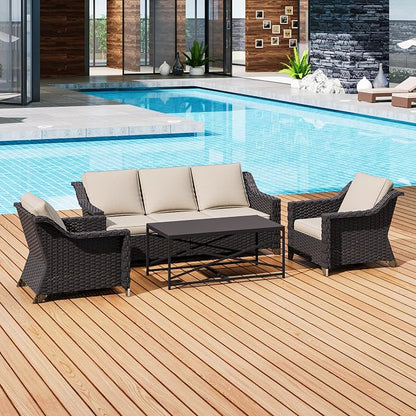 4 Piece Patio Furniture Set, Wicker Outdoor Conversation Set | Patio Chair Set with Olefin Removable Cushion, All-Weather Outdoor Couch with Deep Seat for Porch, Deck and Backyard, Beige