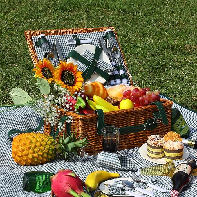 Wicker Picnic Basket Set for 4, Blanket, Cooler Bag, Cottage Plaid | Four-Person Wicker Set Includes Tableware, Insulated Food Storage and Waterproof Blanket for Parks, Camping, Dates and Gifts