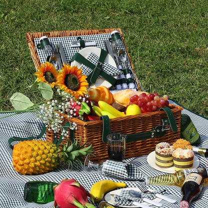 Wicker Picnic Basket Set for 4, Blanket, Cooler Bag, Cottage Plaid | Four-Person Wicker Set Includes Tableware, Insulated Food Storage and Waterproof Blanket for Parks, Camping, Dates and Gifts