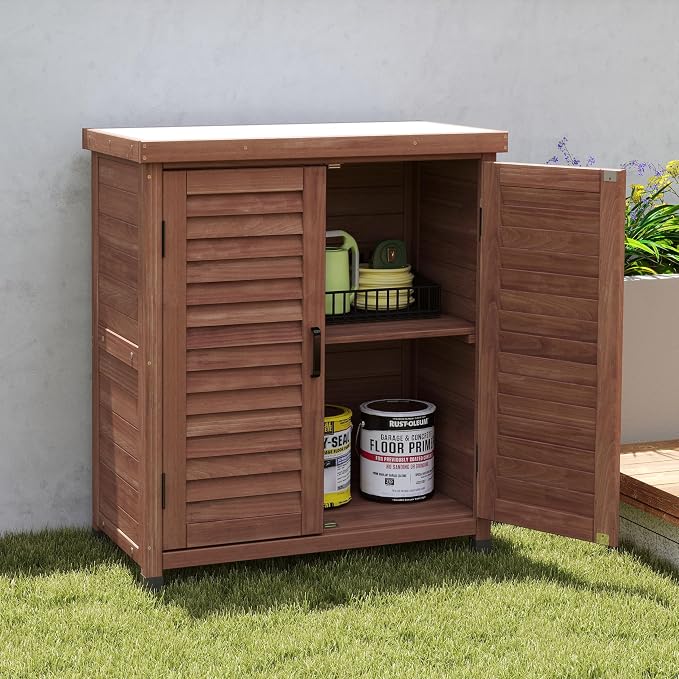 KEIKI Potting Bench with Storage Cabinet and Metal Table Top for Outdoor Patio Weatherproof Garden Workstation